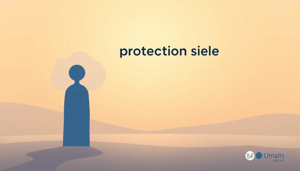 A serene and calming scene depicting the concept of "protection sociale" in the context of the Umalis Group's salaried portage service. In the foreground, a stylized, minimalist illustration of a person shielded by a semi-transparent, cloud-like structure, symbolizing the social protection and security provided. The middle ground features a soft, pastel-hued backdrop with subtle geometric patterns, evoking a sense of balance and stability. In the background, a warm, muted color palette creates a comforting, almost dreamlike atmosphere. The overall composition conveys a sense of security, support, and the advantages of the salaried portage model offered by the Umalis Group.
