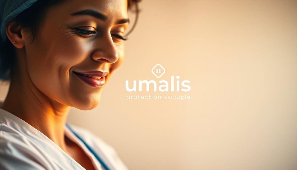 A serene and compassionate scene of "protection sociale" unfolds. In the foreground, a warm-hued, soft-focus portrait of a healthcare professional, their expression radiating care and empowerment. In the middle ground, a stylized illustration of the Umalis Group logo, symbolizing the support and security offered by their professional portage services. The background gently blurs into a soothing gradient, hinting at the tranquility and well-being fostered by the advantageous portage system for healthcare workers. Lit by a gentle, diffused lighting that casts a subtle, comforting glow, the overall mood is one of reassurance, professionalism, and the nurturing of those who nurture others.