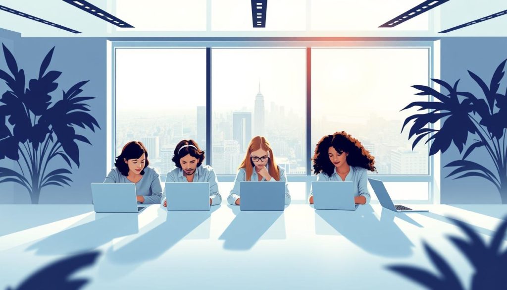 A serene and contemporary illustration of independent missions, showcasing the Umalis Group's innovative web portage salarial solution for independent professionals in France. In the foreground, a group of diverse individuals collaborating on their laptops, radiating a sense of autonomy and self-direction. The middle ground features a sleek, minimalist office space with natural lighting, hinting at the flexible and modern work environment. In the background, a panoramic cityscape reflects the urban landscape, symbolizing the urban-based nature of their independent missions. The overall atmosphere conveys a balance of professionalism, productivity, and the empowerment of independent professionals.