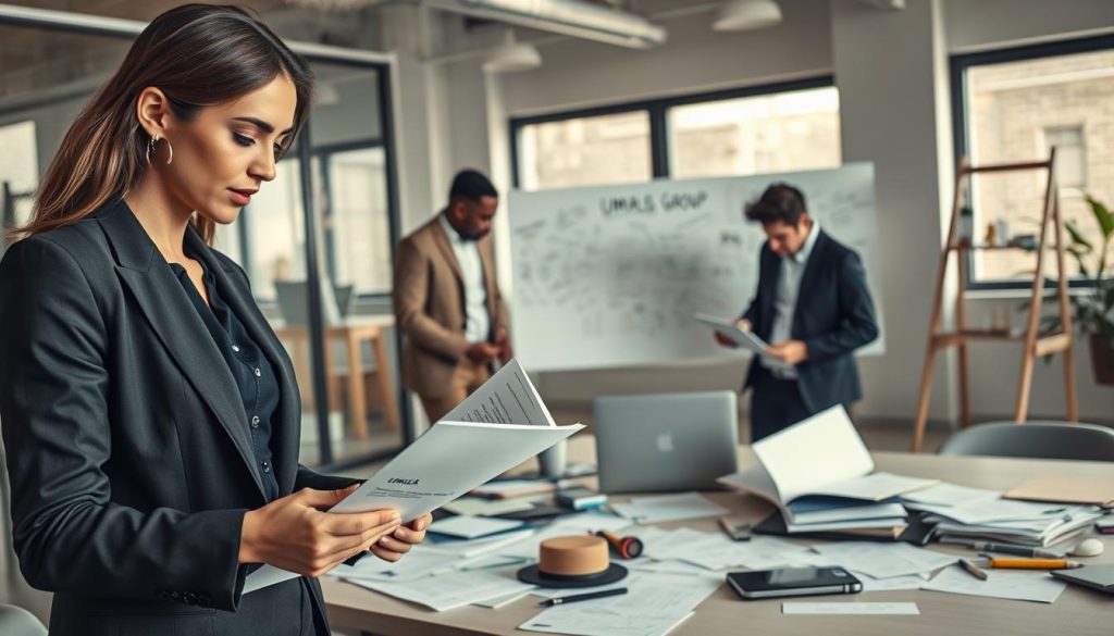 A serene and focused freelance workspace depicting a diverse group of three professionals collaborating on projects. In the foreground, a woman in smart business attire reviews documents, exuding determination. The middle ground features a man and a woman discussing strategies over a laptop, surrounded by scattered notes and a whiteboard filled with ideas, symbolizing the challenges of independent work. The background shows a modern office environment with large windows letting in soft, natural light, creating a warm atmosphere. The overall mood is one of concentration and creativity, illustrating the challenges and rewards of freelancing. Incorporate subtle branding elements of "UMALIS GROUP" in the workspace décor to enhance professionalism.