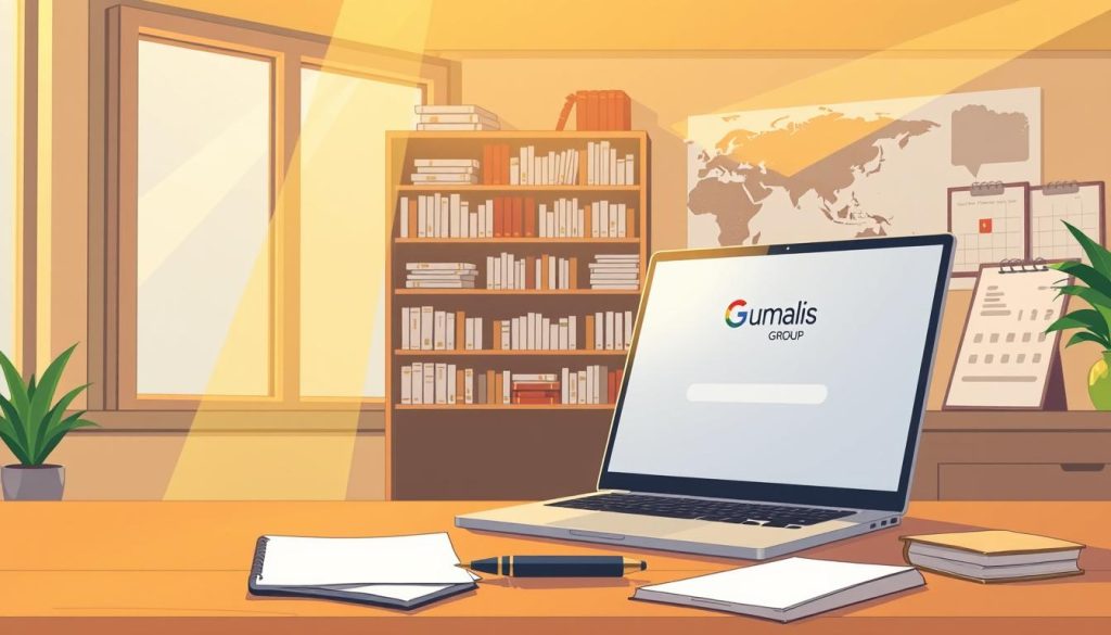 A serene and focused scene, illuminated by warm, golden light filtering through large windows. In the foreground, a sleek, minimalist workspace with a laptop, pen, and notebook, signifying the preparation for Google's upcoming core updates. The middle ground features a bookshelf filled with technical manuals and digital marketing resources, reflecting the meticulous planning and research required. In the background, a world map and a calendar denote the global reach and the importance of staying ahead of algorithm changes. The Umalis Group logo is subtly displayed on the laptop's screen, underscoring the expertise and dedication of the digital marketing professionals.