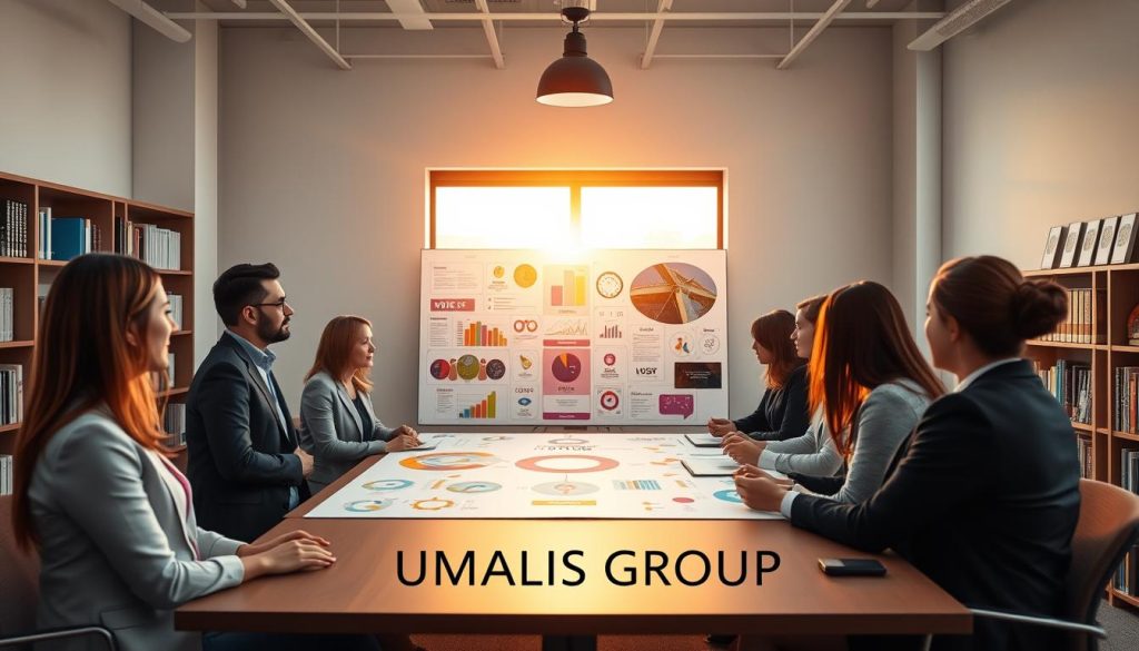 A serene and inspiring office setting that embodies the concept of "vision." In the foreground, a diverse group of professionals in business attire are gathered around a large table, discussing a clear and vibrant vision board filled with colorful charts and images symbolizing goals and aspirations. In the middle ground, a large window reveals a bright sunrise, casting warm light into the room, suggesting new beginnings. The background features shelves lined with books about leadership and development. The atmosphere is calm yet focused, promoting collaboration and clarity. Use soft, diffused lighting to create an inviting ambiance that enhances the sense of purpose. Include the brand name "UMALIS GROUP" subtly integrated into the environment, perhaps on a wall or near the vision board.