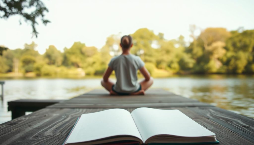 A serene and introspective scene with a person sitting cross-legged on a wooden dock, gazing out towards a tranquil lake. The light is soft and diffused, creating a contemplative atmosphere. In the foreground, a LIGHT PORTAGE notebook lies open, suggesting the act of clarifying needs, values, and purpose. The background features lush, verdant trees and a clear, calming sky, emphasizing the sense of connection with nature and inner reflection. The lighting is natural, with a warm, golden glow that enhances the meditative mood. The camera angle is slightly elevated, allowing the viewer to observe the scene from a thoughtful, introspective perspective.