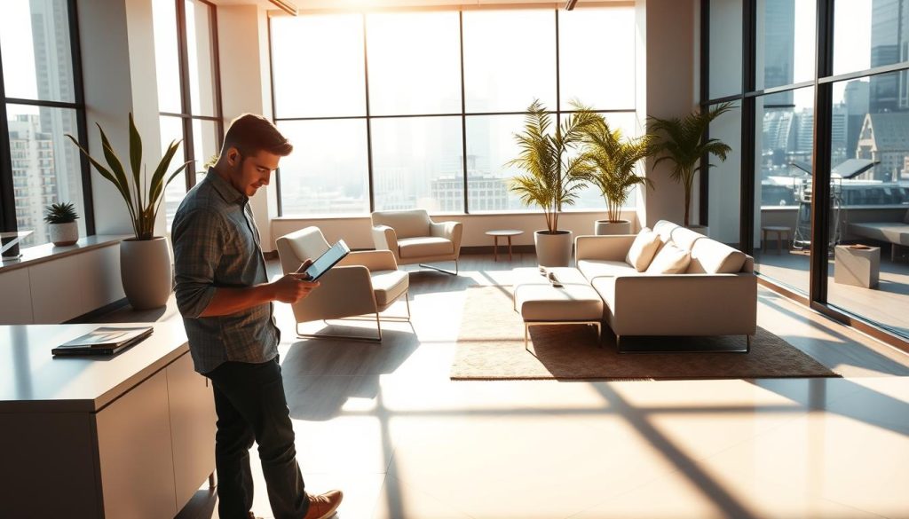 A serene and inviting office space showcases the advantages of UMALIS GROUP's salarial portage for design professionals. Warm natural lighting filters through large windows, illuminating a sleek and modern workspace. In the foreground, a designer works intently on a tablet, surrounded by minimalist furniture and carefully curated decor. The middle ground features collaboration areas with plush seating, encouraging creative exchange. In the background, the cityscape visible through the windows suggests the flexibility and opportunity afforded by UMALIS GROUP's salarial portage solution. An atmosphere of productivity, security, and freedom pervades the scene.
