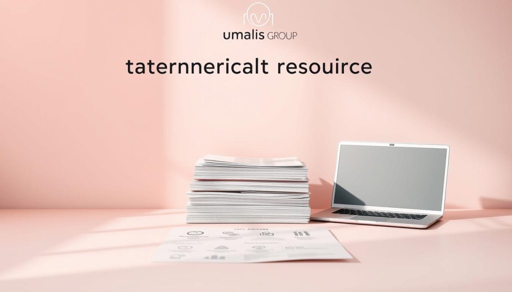 A serene and minimalist illustration of a "freelance wellness resources guide" against a soft, pastel-toned backdrop. In the foreground, a clean, refined layout showcases various icons and infographic elements depicting self-care practices, mental health support, and wellness resources. The middle ground features a stack of neatly organized documents and a laptop, conveying a sense of digital and physical resources. In the background, a subtle Umalis Group logo subtly enhances the professional yet calming atmosphere. Lighting is soft and diffused, creating a warm, inviting mood. The overall composition is well-balanced, with a focus on clarity and simplicity to support the section's theme of "Identifying Key Mental Health Resources".