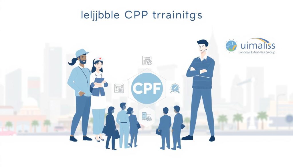 A serene and minimalist illustration showcasing eligible CPF training programs. In the foreground, a group of diverse professionals - an engineer, a nurse, and a software developer - gathered around a stylized CPF logo, representing the diverse range of eligible training options. The middle ground features a series of geometric shapes and icons symbolizing different training modules, each with a subtle gradient that suggests depth and dimensionality. In the background, a soft, blurred cityscape with the Umalis Group logo subtly incorporated, conveying a sense of professionalism and expertise. The overall mood is one of clarity, organization, and confidence in navigating the CPF training landscape.