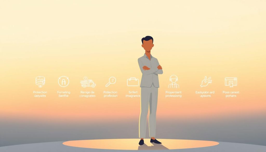 A serene and minimalist illustration showcasing the independent social protection offered by the UMALIS GROUP. In the foreground, a stylized figure in a clean, neutral outfit stands tall, radiating a sense of security and confidence. The middle ground features subtle yet impactful iconography, representing the various social benefits and safeguards available to independent professionals. The background is a softly blurred, soothing gradient, evoking a calming and professional atmosphere. Warm, directional lighting gently illuminates the scene, highlighting the sense of stability and support. Captured with a wide-angle lens to convey a sense of balance and harmony, this image embodies the core essence of the "Protection sociale et statut salarié en portage" section.