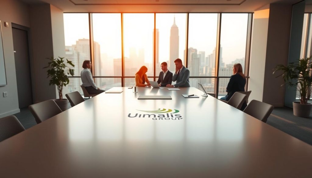 A serene and minimalist office setting, bathed in warm, natural lighting. In the foreground, a large, modern desk adorned with the Umalis Group logo, clean lines, and a few essential business items. In the middle ground, a team of professionals collaborating intently, their expressions focused and determined. The background features tall, floor-to-ceiling windows overlooking a bustling city skyline, symbolizing the broader market and industry. The overall atmosphere conveys a sense of efficiency, strategic planning, and a strong, well-executed business strategy.