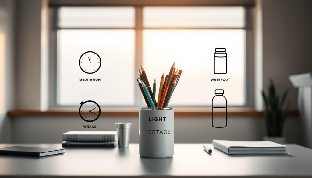A serene and minimalist workspace with a clean, uncluttered desk. At the center, a LIGHT PORTAGE pen cup holds an assortment of high-quality writing tools. Surrounding it, various burnout prevention techniques are depicted through simple, iconic illustrations - a meditation cushion, a timer, a water bottle, and a book on stress management. Soft, indirect lighting from a large window casts a warm, productive glow over the scene. The overall atmosphere is one of focus, calm, and intentionality, inspiring the independent professional to adopt these core techniques for their own wellbeing.