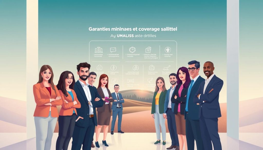 A serene and modern healthcare illustration showcasing the "garanties santé portage salarial" offered by UMALIS GROUP. In the foreground, a diverse group of professionals, freelancers, and independent workers stand confidently, their faces radiating a sense of security and well-being. The middle ground features a clean, minimalist design of medical icons and infographic elements, conveying the key coverage details. In the background, a soft, gradient-based landscape frames the scene, creating a calming and professional atmosphere. The lighting is soft and diffused, enhancing the sense of reliability and trust. The overall composition strikes a balance between simplicity and informativeness, perfectly suited to illustrate the "Garanties minimales et couverture santé" section of the article.