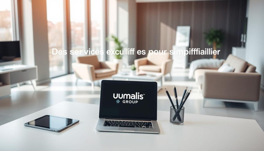 A serene and modern office setting with minimalist furniture and clean lines. In the foreground, a well-appointed desk with a laptop, tablet, and pen holder prominently displaying the "Umalis Group" branding. The middle ground features comfortable armchairs and a coffee table, creating a cozy and inviting atmosphere. The background showcases large windows, allowing natural light to flood the space and create a warm, calming ambiance. The overall scene conveys a sense of professionalism, efficiency, and personalized service, perfectly capturing the "Des services exclusifs pour simplifier votre quotidien" theme.