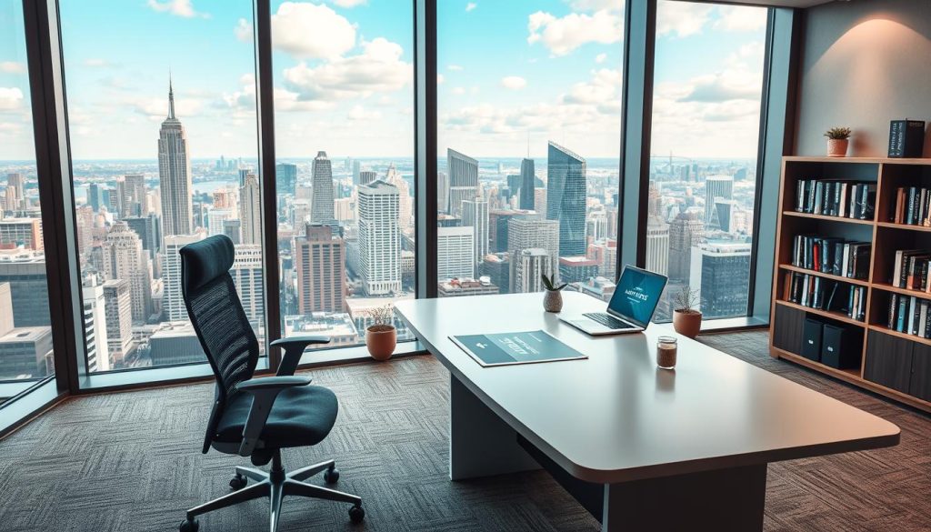 A serene and modern office space with a large window overlooking a bustling city skyline. In the foreground, a comfortable ergonomic chair and a sleek, minimalist desk with the LIGHT PORTAGE brand prominently displayed. The desk is adorned with a laptop, a cup of coffee, and a few carefully curated office supplies, conveying a sense of productivity and professionalism. The middle ground features a bookshelf filled with relevant business literature, while the background showcases the vibrant cityscape outside, hinting at the opportunities and flexibility that the freelance portage salarial lifestyle can provide. The lighting is warm and natural, creating a welcoming and inspiring atmosphere.