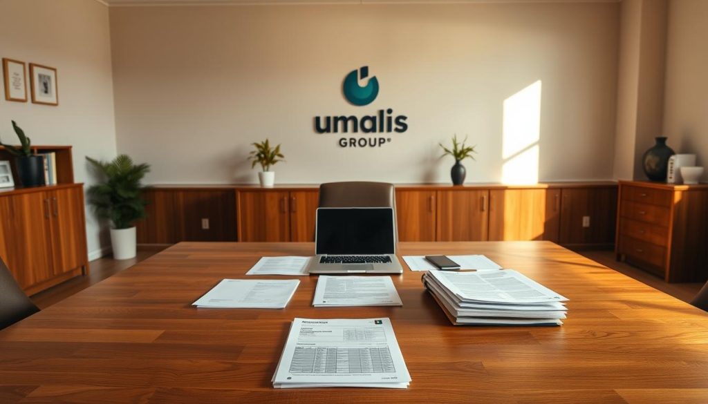 A serene and organized office space, with a large wooden desk at the center. On the desk, various documents and a laptop are neatly arranged, reflecting the meticulously planned "congés portage salarial". The room is bathed in warm, natural lighting, creating a calming atmosphere. In the background, the Umalis Group logo is subtly displayed on the wall, providing a sense of professionalism and expertise. The overall scene conveys a sense of efficiency, control, and a thoughtful approach to managing one's paid leave as a salaried employee. A serene and organized office space, with a large wooden desk at the center. On the desk, various documents and a laptop are neatly arranged, reflecting the meticulously planned "congés portage salarial". The room is bathed in warm, natural lighting, creating a calming atmosphere. In the background, the Umalis Group logo is subtly displayed on the wall, providing a sense of professionalism and expertise. The overall scene conveys a sense of efficiency, control, and a thoughtful approach to managing one's paid leave as a salaried employee.