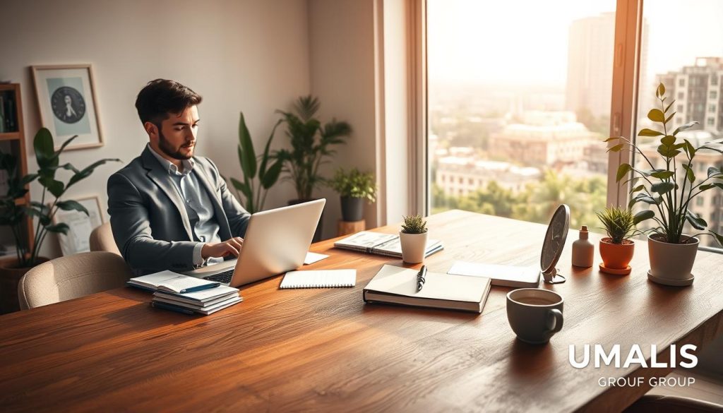 A serene and organized workspace symbolizing freedom and autonomy in freelance work. In the foreground, a well-dressed professional, representing a freelancer, thoughtfully reviewing a variety of projects on a sleek laptop. The middle ground showcases a large, textured wooden desk adorned with a stylish planner, potted plants, and a steaming cup of coffee, suggesting a comfortable work environment. In the background, a large window reveals a bright and airy cityscape filled with greenery, giving a sense of connection to the outside world. Soft morning light filters through the window, creating a warm, inviting atmosphere. The mood conveys inspiration and control over one's time and choices. Subtly incorporated into the scene are elements like documents and a digital clock, hinting at efficient time management. The brand "UMALIS GROUP" is artistically integrated into the workspace without any text overlay. A serene and organized workspace symbolizing freedom and autonomy in freelance work. In the foreground, a well-dressed professional, representing a freelancer, thoughtfully reviewing a variety of projects on a sleek laptop. The middle ground showcases a large, textured wooden desk adorned with a stylish planner, potted plants, and a steaming cup of coffee, suggesting a comfortable work environment. In the background, a large window reveals a bright and airy cityscape filled with greenery, giving a sense of connection to the outside world. Soft morning light filters through the window, creating a warm, inviting atmosphere. The mood conveys inspiration and control over one's time and choices. Subtly incorporated into the scene are elements like documents and a digital clock, hinting at efficient time management. The brand "UMALIS GROUP" is artistically integrated into the workspace without any text overlay.
