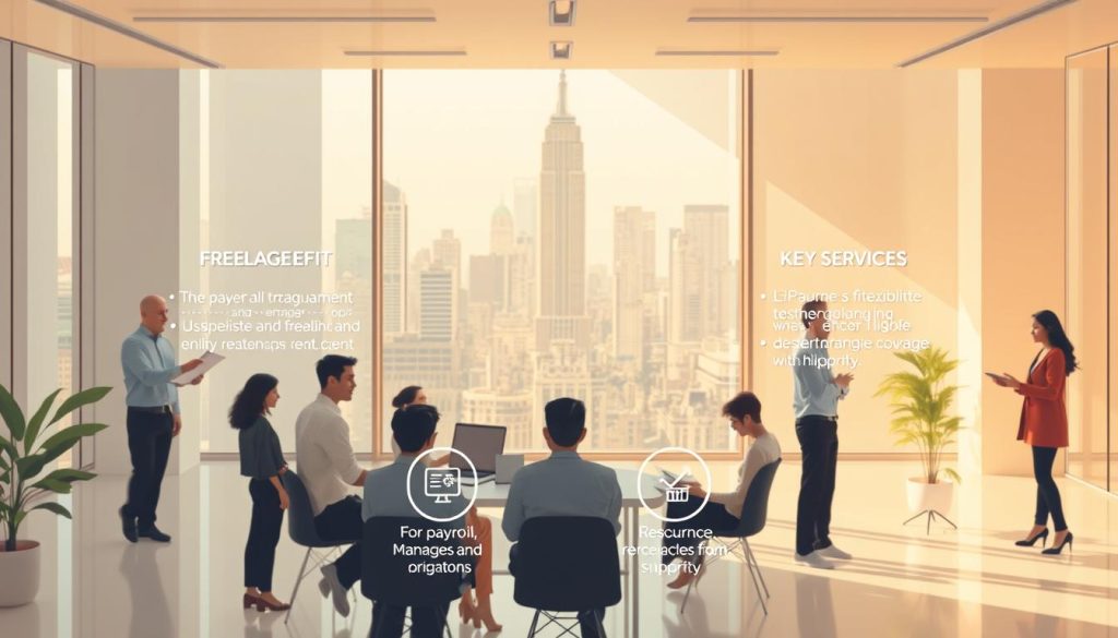 A serene and professional illustration of freelance workers enjoying the benefits of "LIGHT PORTAGE" social protection services. In the foreground, a group of diverse freelancers collaborating in a bright, airy office space, conveying a sense of community and support. In the middle ground, a visual representation of the key services provided, such as payroll management, tax compliance, and insurance coverage. In the background, a sleek and modern cityscape, symbolizing the flexibility and independence that freelance work enables. The scene is bathed in warm, natural lighting, creating a welcoming and trustworthy atmosphere, reflecting the security and peace of mind that "LIGHT PORTAGE" offers freelance professionals.