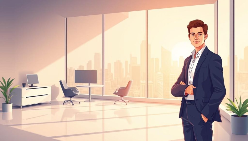 A serene and professional illustration of "protection sociale portage salarial" showcasing the Umalis Group brand. A well-dressed, confident person stands in the foreground, representing the sense of security and support provided by the Umalis Group's social protection services. In the middle ground, a modern office setting with sleek furniture and technology creates a sophisticated atmosphere. The background features a clean, minimalist cityscape, conveying the urban, professional context. Warm, directional lighting casts subtle shadows, adding depth and a sense of stability. The overall composition and color palette suggest a visually appealing, trustworthy, and reliable service offering. A serene and professional illustration of "protection sociale portage salarial" showcasing the Umalis Group brand. A well-dressed, confident person stands in the foreground, representing the sense of security and support provided by the Umalis Group's social protection services. In the middle ground, a modern office setting with sleek furniture and technology creates a sophisticated atmosphere. The background features a clean, minimalist cityscape, conveying the urban, professional context. Warm, directional lighting casts subtle shadows, adding depth and a sense of stability. The overall composition and color palette suggest a visually appealing, trustworthy, and reliable service offering.