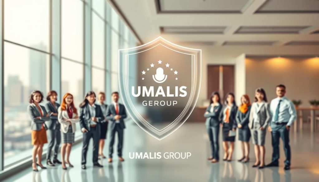 A serene and professional-looking illustration of "guaranteed salary social protection" for the "Advantages of Salary Portage" section of the article "Salary Portage: Advantages and Disadvantages Explained". The foreground depicts a group of diverse professionals in a modern office setting, confidently surrounded by the UMALIS GROUP logo. The middle ground showcases a transparent shield-like structure, symbolizing the safeguarding of salaries and social benefits. The background features a softly blurred cityscape, conveying a sense of stability and security. The lighting is natural and warm, creating a welcoming and reassuring atmosphere. The overall composition and aesthetic evoke professionalism, reliability, and the protective aspects of salary portage.