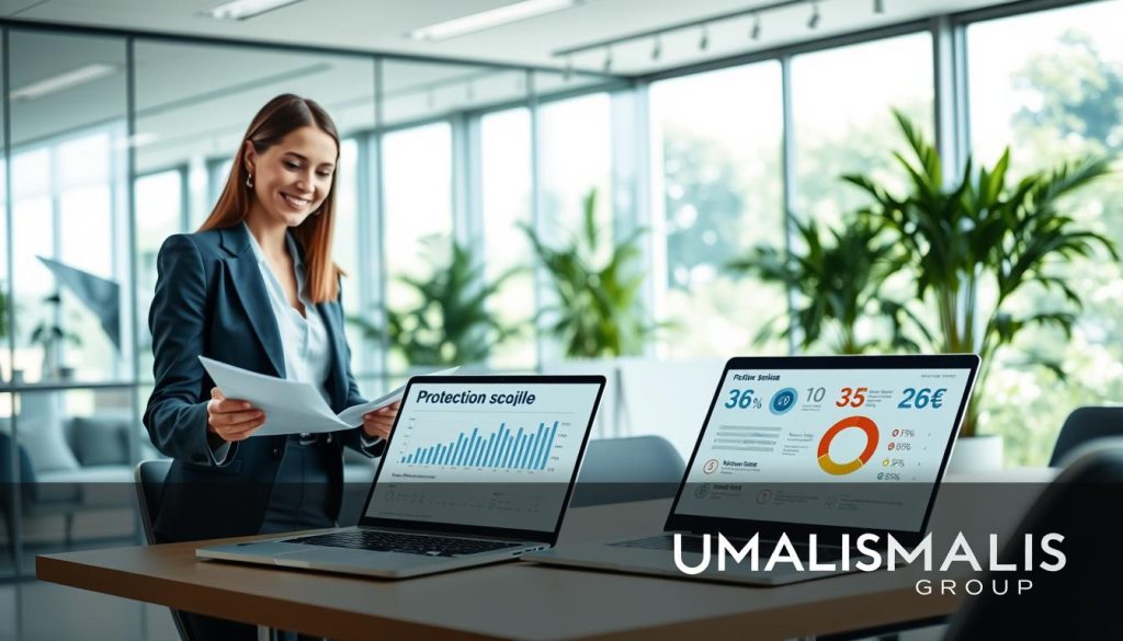 A serene and professional office environment showcasing the concept of "protection sociale." In the foreground, a businesswoman in professional attire is reviewing documents and smiling, symbolizing confidence and security. In the middle ground, a modern desk with financial statements and a laptop displaying infographics related to social protection is prominently featured. The background reveals an office with glass walls and greenery, emphasizing a harmonious work-life balance. Soft, natural lighting pours in through the windows, creating an inviting atmosphere. The color palette consists of calming blues and greens, enhancing a feeling of stability. The brand logo "UMALIS GROUP" is subtly incorporated into the scene, adding a touch of professionalism without detracting from the central theme.