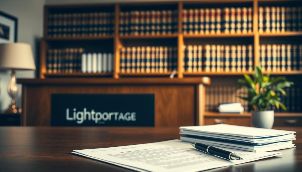 A serene and professional office environment, with a desk displaying the "Light Portage" brand logo, showcasing the legal security and peace of mind it provides for its clients. The scene is bathed in warm, natural lighting, creating a sense of trust and reliability. In the foreground, a stack of documents and a pen symbolize the attention to detail and the careful legal processes involved in the "Light Portage" service. The background features a bookshelf filled with legal tomes, emphasizing the expertise and depth of knowledge that underpins the company's offerings. The overall atmosphere conveys a strong sense of security, competence, and professionalism, reflecting the "sécurité juridique" and the "garanties" promised in the article's section title.
