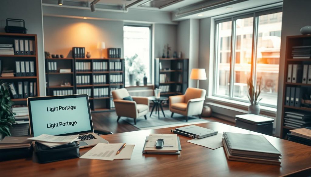 A serene and professional office scene, illuminated by warm, directional lighting from large windows. In the foreground, a desk adorned with the "Light Portage" brand name displays various business documents and a laptop. The middle ground features a cozy seating area with plush chairs and a small table, ideal for consulting with clients. The background showcases shelves filled with organized files and binders, conveying a sense of strategic planning and expertise. The overall atmosphere is one of productivity, financial security, and a commitment to providing comprehensive "portage salarial" services.