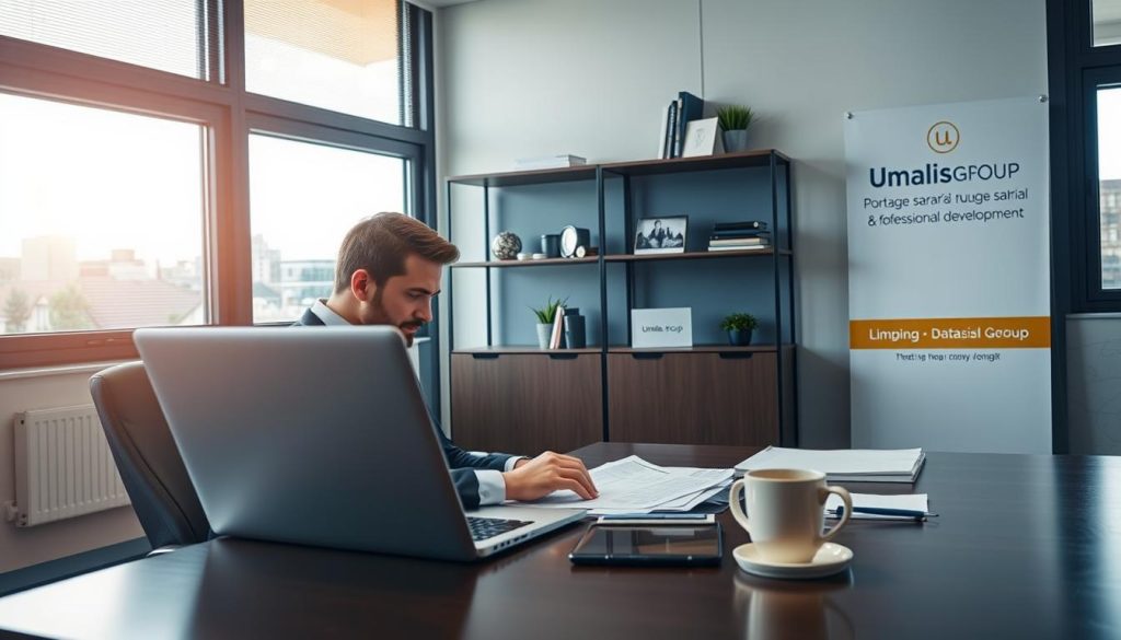 A serene and professional office setting, bathed in warm lighting from large windows. On a desk, a laptop displays financial documents, surrounded by office supplies and a mug of coffee. In the foreground, a person in a suit sits comfortably, reviewing the screen intently. Behind them, shelves display the Umalis Group branding, suggesting this is a consultation or training session on portage salarial and continuous professional development. The atmosphere conveys a sense of focused productivity and financial security. A serene and professional office setting, bathed in warm lighting from large windows. On a desk, a laptop displays financial documents, surrounded by office supplies and a mug of coffee. In the foreground, a person in a suit sits comfortably, reviewing the screen intently. Behind them, shelves display the Umalis Group branding, suggesting this is a consultation or training session on portage salarial and continuous professional development. The atmosphere conveys a sense of focused productivity and financial security.
