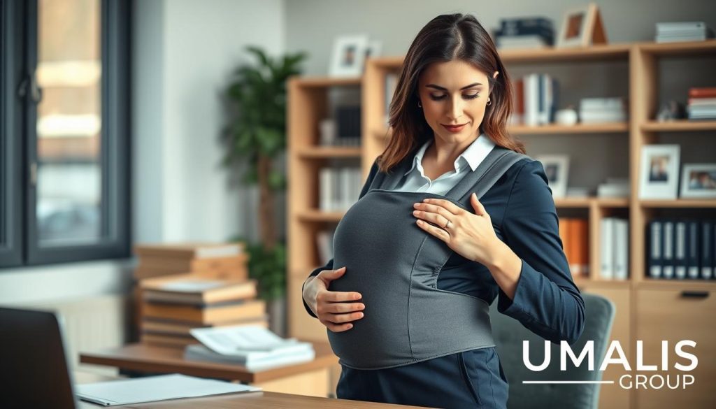 A serene and professional office setting depicting a woman in business attire, gently securing a baby carrier to her body, symbolizing "maternité portage." In the foreground, focus on the woman's calm expression as she lovingly adjusts the carrier. The middle ground features a well-organized desk with documents on parental rights, emphasizing the importance of maternity leave laws in France. The background includes a soft-focus bookshelf filled with legal books and family photos, creating an atmosphere of warmth and responsibility. Natural lighting filters in through a window, casting a gentle glow, enhancing the serene mood. The scene is framed with a slight tilt to mimic a candid moment, while ensuring the branding of "UMALIS GROUP" is subtly integrated into the workspace. A serene and professional office setting depicting a woman in business attire, gently securing a baby carrier to her body, symbolizing "maternité portage." In the foreground, focus on the woman's calm expression as she lovingly adjusts the carrier. The middle ground features a well-organized desk with documents on parental rights, emphasizing the importance of maternity leave laws in France. The background includes a soft-focus bookshelf filled with legal books and family photos, creating an atmosphere of warmth and responsibility. Natural lighting filters in through a window, casting a gentle glow, enhancing the serene mood. The scene is framed with a slight tilt to mimic a candid moment, while ensuring the branding of "UMALIS GROUP" is subtly integrated into the workspace.