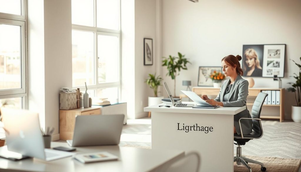 A serene and professional office setting, illuminated by soft, natural light filtering through large windows. In the foreground, a smartly-dressed woman sits at a minimalist, Light Portage-branded desk, reviewing documents and contemplating the benefits of independent career options. The middle ground showcases various work tools and accessories, hinting at the flexibility and autonomy of a portage salarial lifestyle. The background features tasteful decor and a calming, neutral color palette, creating an atmosphere of productivity and work-life balance.