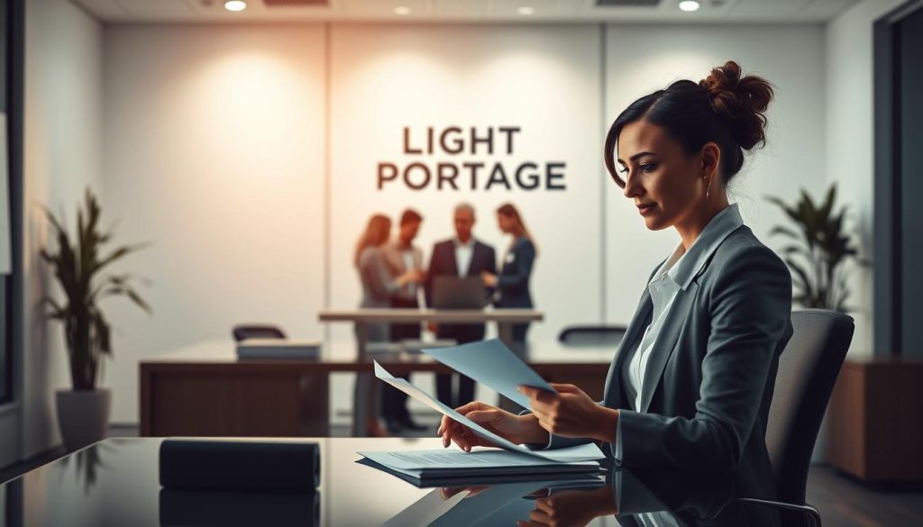 A serene and professional office setting, showcasing the step-by-step process of "portage salarial" (employee leasing). In the foreground, a businesswoman sits at a sleek desk, reviewing documents. Soft, directional lighting casts a warm glow, creating a productive and inviting atmosphere. In the middle ground, a team of professionals collaborate, representing the various stages of the "portage salarial" journey. The background features the LIGHT PORTAGE brand logo, subtly integrated into the scene, highlighting their expertise in this domain. The overall composition conveys a sense of efficiency, expertise, and the comprehensive guidance offered in the "Tutoriel portage salarial étape par étape".