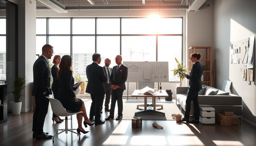 A serene and professional office setting, with natural light filtering through large windows. In the foreground, a group of business people in smart attire are engaged in a meeting, discussing the benefits of Umalis Group's staffing solutions for construction companies. The middle ground features modern office furniture and sleek, minimalist decor, conveying a sense of efficiency and organization. In the background, there are architectural plans, construction tools, and other BTP-related elements, hinting at the specialized expertise Umalis Group provides. The overall atmosphere is one of calm professionalism and a focus on simplifying the complexities of BTP company management. A serene and professional office setting, with natural light filtering through large windows. In the foreground, a group of business people in smart attire are engaged in a meeting, discussing the benefits of Umalis Group's staffing solutions for construction companies. The middle ground features modern office furniture and sleek, minimalist decor, conveying a sense of efficiency and organization. In the background, there are architectural plans, construction tools, and other BTP-related elements, hinting at the specialized expertise Umalis Group provides. The overall atmosphere is one of calm professionalism and a focus on simplifying the complexities of BTP company management.