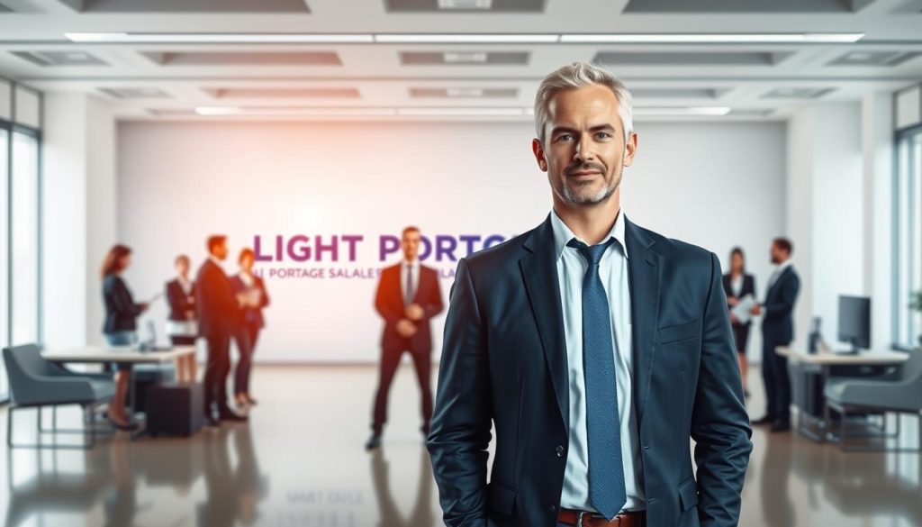 A serene and professional scene depicting the concept of "protection sociale portage salarial". In the foreground, a business person in a smart suit stands, their posture conveying a sense of confidence and security. Behind them, the LIGHT PORTAGE brand logo is prominently displayed, reinforcing the idea of comprehensive support and guidance. The middle ground features a group of individuals in various work attire, symbolizing the diverse workforce under the portage salarial umbrella. In the background, a modern, well-lit office environment with sleek furniture and clean lines creates an atmosphere of professionalism and efficiency. The overall composition exudes a sense of stability, protection, and the advantages of the consultant's status within the portage salarial system.