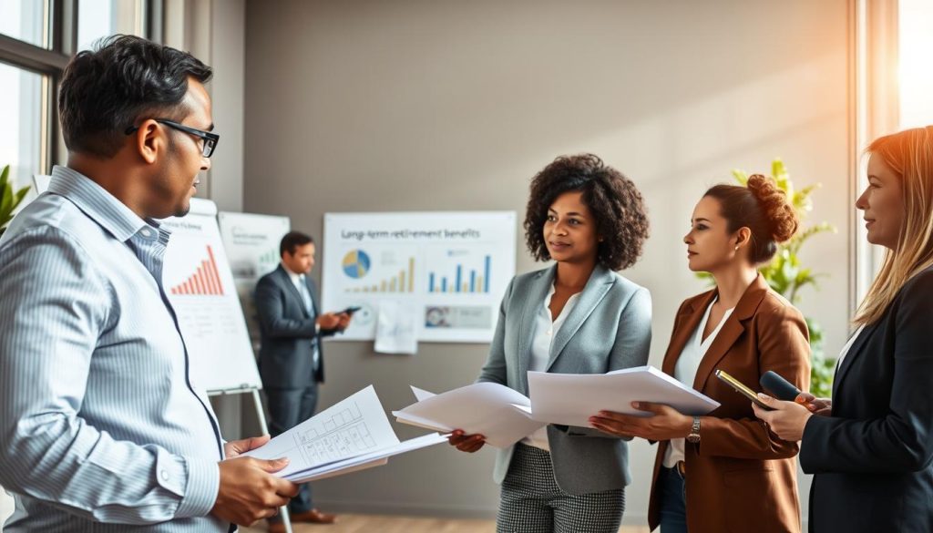 A serene and professional scene illustrating the concept of retirement training, focusing on a diverse group of adults engaged in a training session. In the foreground, a middle-aged businessman in a smart suit and women in professional attire are discussing strategies, surrounded by papers and digital devices. In the middle ground, a facilitator stands by a whiteboard displaying graphs and charts, emphasizing long-term retirement benefits. The background features a large window with soft, natural light pouring in, creating an inviting atmosphere. The environment should convey a sense of growth and opportunity. Include the logo of "UMALIS GROUP" subtly on training materials. The mood is focused and optimistic, reflecting the importance of proper planning for retirement.