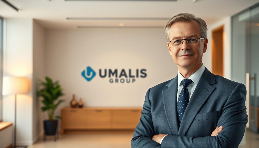 A serene and professional scene showcasing the advantages of "portage salarial" or employee leasing. In the foreground, a middle-aged professional in a crisp suit stands confidently, symbolizing the security and stability provided by this employment model. The mid-ground features the UMALIS GROUP logo, conveying the trusted brand behind this service. In the background, a minimalist office setting with clean lines and warm lighting, creating a sense of modern professionalism. The overall atmosphere exudes a feeling of reassurance and empowerment for independent workers seeking the benefits of traditional employment.