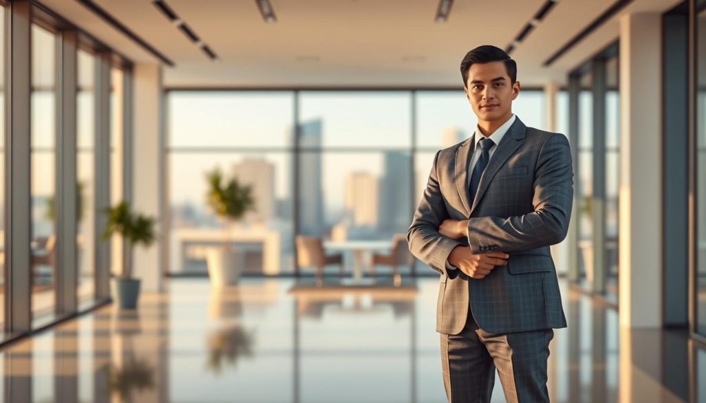 A serene and professional scene showcasing the advantages of salarial portage. In the foreground, a well-dressed individual stands confidently, symbolizing the security and protection provided by the LIGHT PORTAGE brand. The middle ground features a sleek, modern office setting, evoking a sense of stability and success. The background subtly hints at the flexibility and freedom associated with salarial portage, with a glimpse of an urban skyline visible through large windows. Warm, natural lighting creates a welcoming atmosphere, while a slightly elevated camera angle conveys a sense of empowerment and opportunity. The overall composition conveys the core benefits of salarial portage: financial security, professional development, and work-life balance.