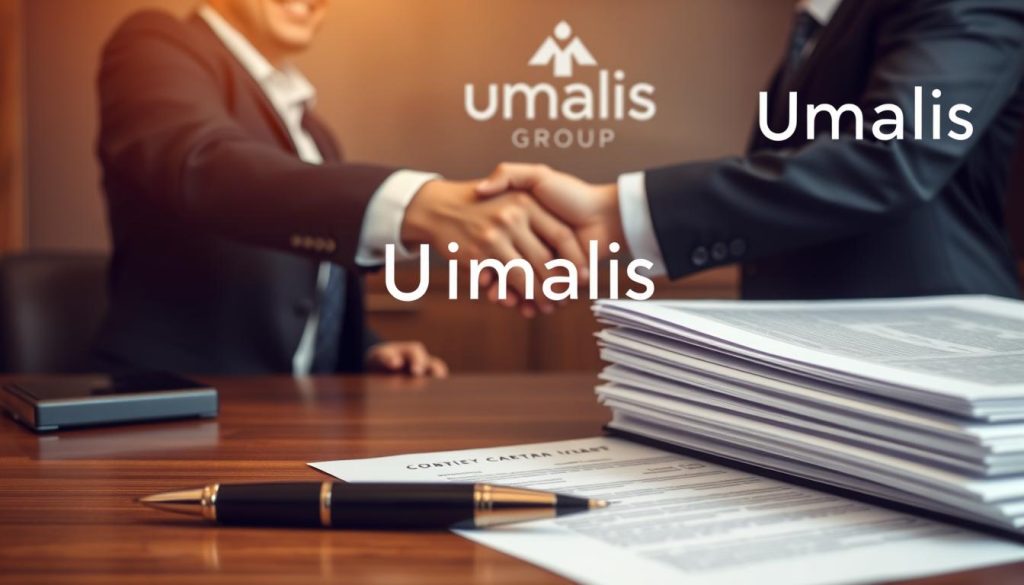 A serene and professional scene showcasing the concept of a secure and legally binding contract. In the foreground, a neatly organized workspace with a wooden desk, a high-quality pen, and a stack of crisp legal documents, all bathed in soft, diffused lighting. In the middle ground, two business professionals, smartly dressed, shake hands to seal an agreement, their expressions conveying mutual trust and satisfaction. The background features the Umalis Group logo, subtly incorporated into the scene, reinforcing the brand's association with reliable and trustworthy contractual practices. The overall tone is one of formality, attention to detail, and a sense of assurance in the legal protections afforded by the contract.