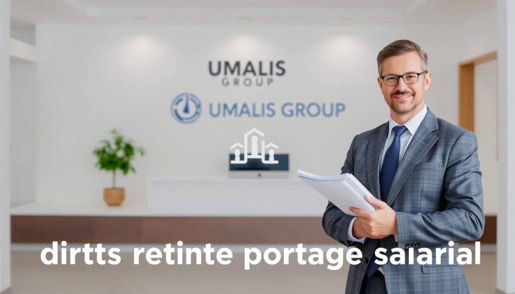 A serene and professional scene showcasing the concept of "droits retraite portage salarial". In the foreground, a well-dressed professional stands confidently, holding documents representing their retirement benefits. The middle ground features a stylized graphic of a retirement fund icon, symbolizing the accumulation of retirement points. In the background, a clean, minimalist office setting with the UMALIS GROUP logo prominently displayed, conveying a sense of trust and financial security. The overall mood is one of confidence, stability, and a well-planned future.
