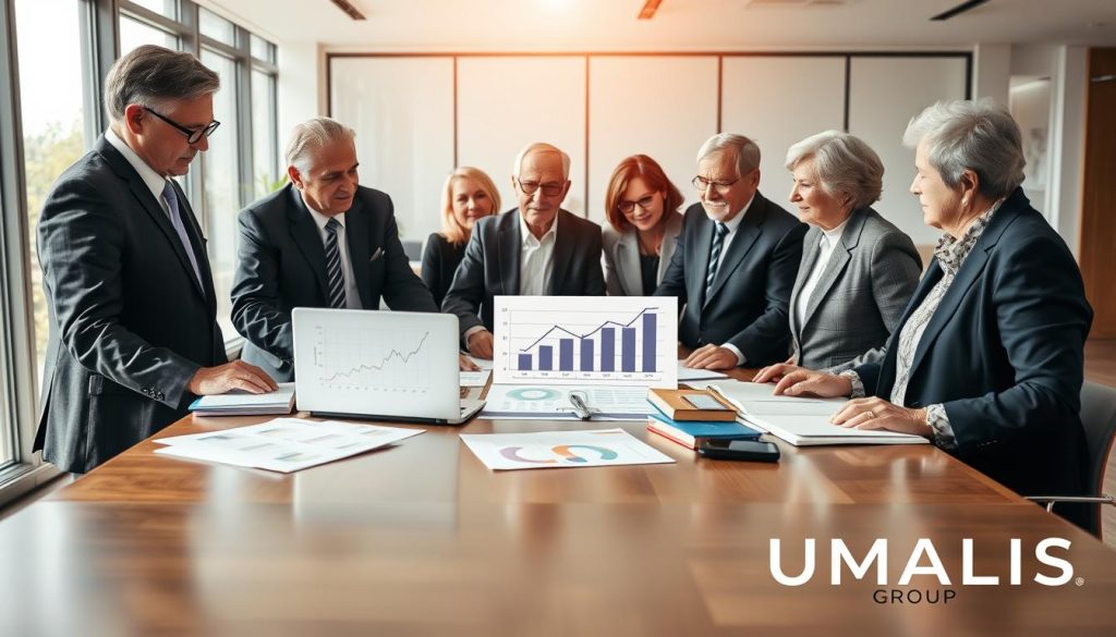 A serene and professional setting showcasing the concept of “portage salarial retraite.” In the foreground, depict a diverse group of seniors, male and female, dressed in professional business attire, engaging in a discussion around a table filled with financial documents and a laptop displaying graphs. In the middle, incorporate elements symbolizing financial advantages, such as charts and symbols of prosperity. The background should feature a bright, modern office space with large windows letting in soft natural light, creating an uplifting atmosphere. Use a slight angle to emphasize interaction among the group, underscoring collaboration and success. Include branding elements subtly representing "UMALIS GROUP," enhancing the theme of financial empowerment for seniors and retirees.