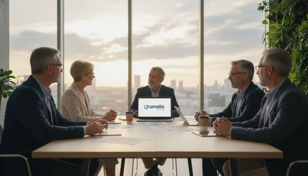 A serene and professional setting showcasing the theme of flexible employment for senior consultants. In the foreground, a diverse group of senior professionals in smart business attire are engaged in a collaborative discussion around a modern conference table, with laptops and documents scattered about. In the middle ground, a large window reveals a cityscape bathed in warm morning light, symbolizing opportunities and freedom. The background features soft greenery, suggesting a balanced work-life environment. The atmosphere is one of empowerment and tranquility, emphasizing the benefits of flexibility in the workplace. The Umalis Group logo subtly placed on one of the laptops. Soft lighting enhances the professionalism of the scene, creating a welcoming and motivating ambiance.