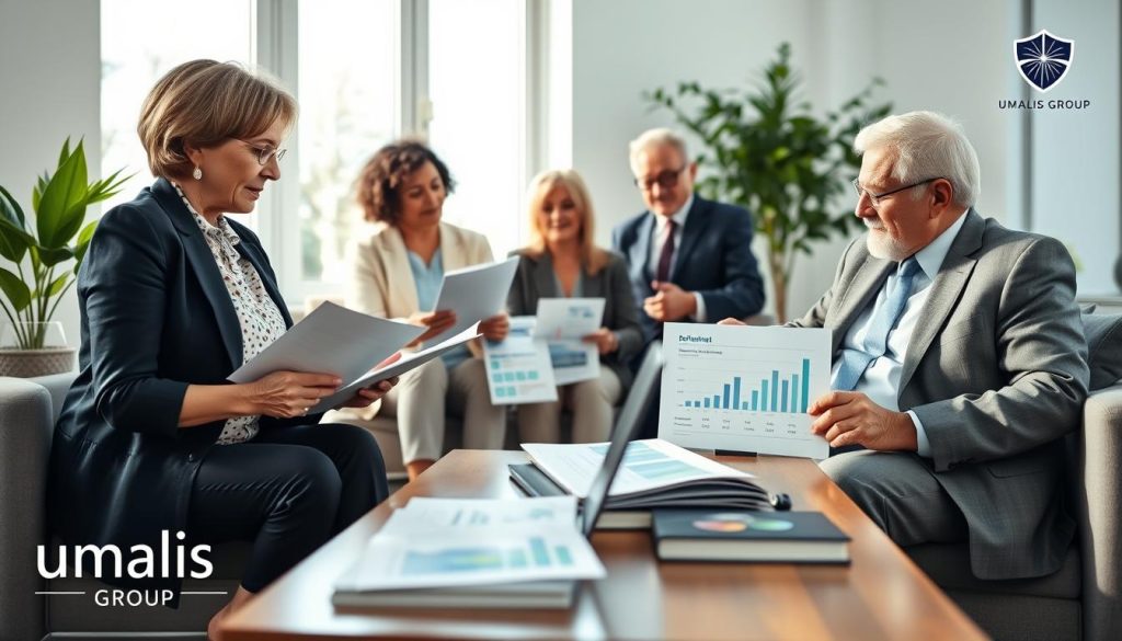 A serene and professional workspace showcasing a diverse group of retirees engaged in thoughtful discussions about employment and retirement planning. In the foreground, a mature woman in smart casual attire, reviewing documents, while a distinguished older man in a tailored suit gestures towards a laptop displaying financial charts. In the middle ground, there are well-organized brochures about retirement options and a coffee table with modern laptops. In the background, bright windows allow natural light to pour in, creating an inviting atmosphere. The scene conveys a sense of security and collaboration, highlighting the theme of blending employment with retirement. The Umalis Group logo subtly incorporated into the design. Soft focus on the edges to ensure the central figures stand out. A serene and professional workspace showcasing a diverse group of retirees engaged in thoughtful discussions about employment and retirement planning. In the foreground, a mature woman in smart casual attire, reviewing documents, while a distinguished older man in a tailored suit gestures towards a laptop displaying financial charts. In the middle ground, there are well-organized brochures about retirement options and a coffee table with modern laptops. In the background, bright windows allow natural light to pour in, creating an inviting atmosphere. The scene conveys a sense of security and collaboration, highlighting the theme of blending employment with retirement. The Umalis Group logo subtly incorporated into the design. Soft focus on the edges to ensure the central figures stand out.