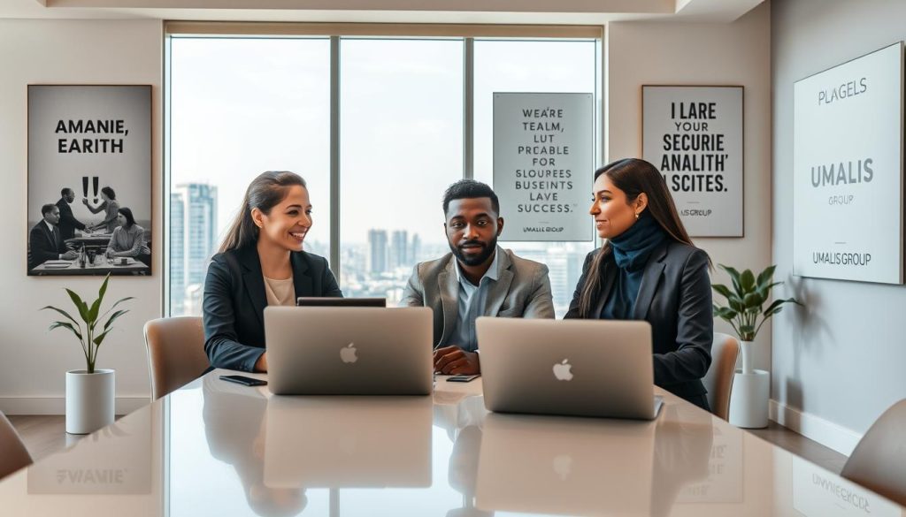 A serene and professional workspace symbolizes "portage salarial protection sociale." In the foreground, a diverse group of three professionals (a Caucasian woman, a Black man, and a South Asian woman) is engaged in a discussion, all dressed in smart business attire. They are sitting around a sleek, modern table with laptops open, showcasing collaboration and security. In the middle ground, a large window allows natural light to illuminate the space, with city skyline views providing a backdrop of stability and growth. The background features motivational posters about teamwork and success on the walls, subtly integrating the brand name "UMALIS GROUP" into one of them. The overall mood is optimistic and empowering, reflecting a sense of security and flexibility in professional life. The lighting is warm and inviting, enhancing the sense of camaraderie and support.