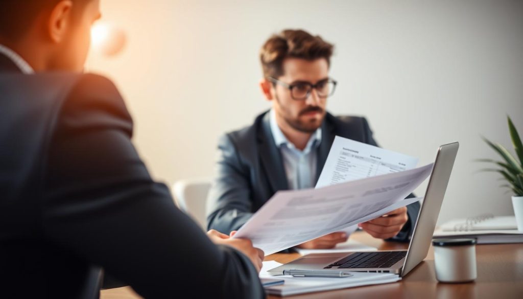 A serene and professional workspace, the background softly blurred, showcasing an independent contractor consulting confidential documents on a laptop. In the foreground, a well-dressed person, representing the "UMALIS GROUP", thoughtfully reviews financial statements, contemplating the nuances of freelance employment contracts. The lighting is warm and natural, creating a sense of security and stability. The composition emphasizes the importance of the subject, the "enjeux portage salarial indépendants", with a focus on the key considerations for independent professionals navigating the complexities of salaried portage.