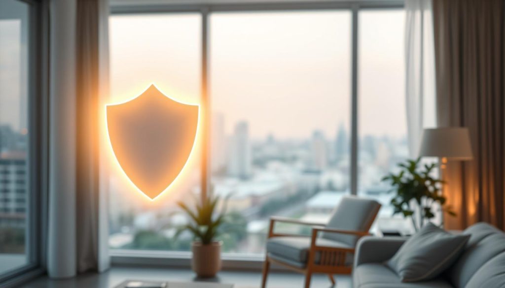 A serene and protective shield-like shape hovers in the foreground, casting a warm glow over the scene. In the middle ground, a tranquil domestic setting with a cozy armchair and a potted plant, symbolizing the comfort and security provided by Umalis Group's insurance coverage. The background features a soft, blurred cityscape, suggesting the broader financial landscape that the insurance policy navigates. The overall mood is one of reassurance and reliability, with gentle lighting and a soothing color palette that evokes a sense of well-being and protection.