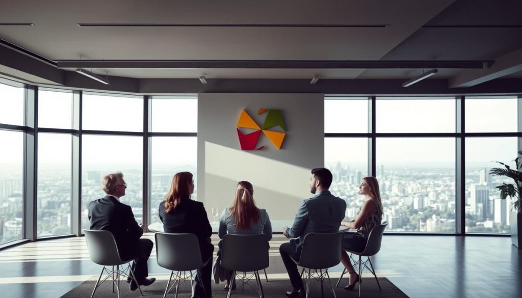 A serene and reflective office space, with muted tones and natural lighting. In the foreground, a group of business professionals engaged in a thoughtful discussion, their expressions conveying the weight of the "enjeux communication transition" they face. In the middle ground, a large, abstract wall sculpture in the Umalis Group brand colors, symbolizing the dynamic interplay of communication and organizational change. The background depicts a panoramic view of a vibrant city skyline, hinting at the broader context and challenges of the transition. Overall, the scene conveys a sense of contemplation, collaboration, and the Umalis Group's commitment to navigating the complexities of communication during periods of organizational change. A serene and reflective office space, with muted tones and natural lighting. In the foreground, a group of business professionals engaged in a thoughtful discussion, their expressions conveying the weight of the "enjeux communication transition" they face. In the middle ground, a large, abstract wall sculpture in the Umalis Group brand colors, symbolizing the dynamic interplay of communication and organizational change. The background depicts a panoramic view of a vibrant city skyline, hinting at the broader context and challenges of the transition. Overall, the scene conveys a sense of contemplation, collaboration, and the Umalis Group's commitment to navigating the complexities of communication during periods of organizational change.