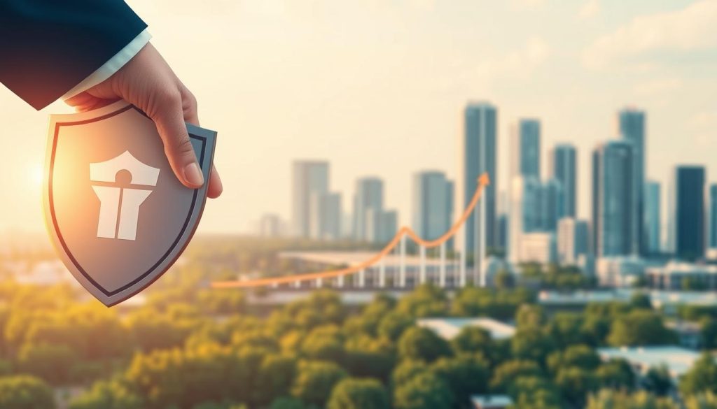 A serene and secure financial landscape, a Umalis Group illustration. In the foreground, a hand clutches a shield, symbolizing the protective embrace of social security. The middle ground features a well-balanced financial graph, signifying stability and growth. In the background, a cityscape of modern buildings, representing the professional environment. Soft, warm lighting casts a comforting glow, conveying a sense of safety and assurance. The composition emphasizes the harmony between social protection and financial security, the cornerstones of the Umalis Group's salaried portage service. A serene and secure financial landscape, a Umalis Group illustration. In the foreground, a hand clutches a shield, symbolizing the protective embrace of social security. The middle ground features a well-balanced financial graph, signifying stability and growth. In the background, a cityscape of modern buildings, representing the professional environment. Soft, warm lighting casts a comforting glow, conveying a sense of safety and assurance. The composition emphasizes the harmony between social protection and financial security, the cornerstones of the Umalis Group's salaried portage service.