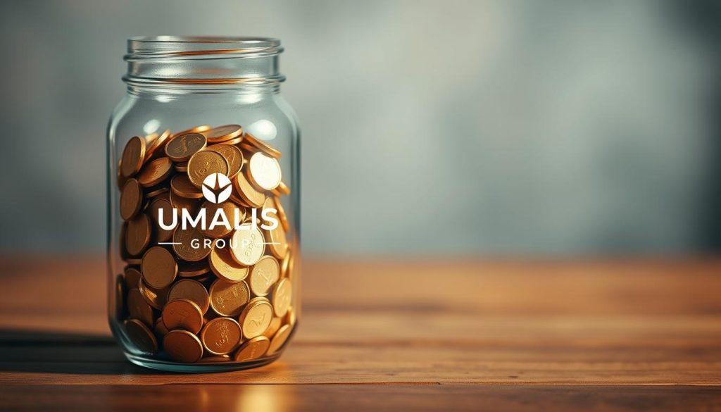 A serene and secure savings account, depicted as a glass jar filled with golden coins against a soft, blurred background. The jar sits on a wooden surface, casting a warm, diffused light. The UMALIS GROUP logo is subtly incorporated into the design, conveying a sense of financial stability and reliability. The overall composition evokes a feeling of financial security and prudent saving, reflecting the article's focus on ensuring financial stability for the autonomous worker.