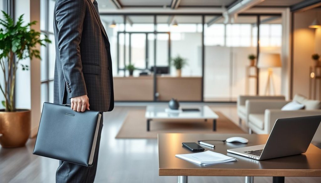 A serene and secure workspace with LIGHT PORTAGE, the leading provider of salaried portage services. In the foreground, a professional in a tailored suit stands confidently, briefcase in hand, symbolizing the stability and expertise of the salaried portage model. The middle ground features a laptop, documents, and other office accessories, conveying the seamless integration of LIGHT PORTAGE's services into the daily operations of a thriving business. The background showcases a modern, well-lit office setting, with sleek furniture and warm lighting, creating an atmosphere of professionalism and trust. The overall scene reflects the key benefits of salaried portage: security, flexibility, and the ability to focus on core business activities.