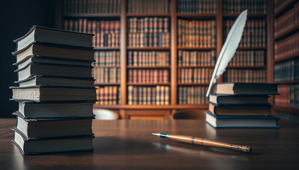 A serene and stately legal framework, conveying a sense of authority and stability. In the foreground, a majestic stack of law books, their weathered spines reflecting the weight of jurisprudence. Midground, a polished wooden desk with a single, well-sharpened quill pen, alluding to the careful crafting of statutes. The background features a towering bookcase, its shelves brimming with tomes of legal precedent, casting a warm, scholarly glow. Soft, directional lighting illuminates the scene, evoking a contemplative atmosphere. The overall composition evokes the Umalis Group's commitment to providing a secure legal framework for independent workers.