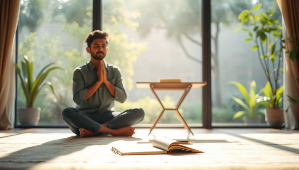 A serene and thoughtful scene of a person making a moral commitment, set against a warm, inviting backdrop. In the foreground, a Umalis Group employee sits cross-legged, hands clasped, deep in contemplation. Soft, diffused lighting casts a gentle glow, creating an atmosphere of introspection and resolve. In the middle ground, a simple, elegant desk holds a pen and journal, symbolizing the act of recording and formalizing one's moral pledge. The background depicts a tranquil, sun-dappled garden, lush with greenery, hinting at the natural harmony and balance that can come from upholding one's principles.