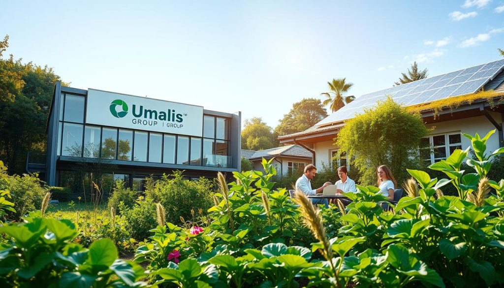 A serene and verdant landscape, with the Umalis Group logo prominently displayed on a modern, eco-friendly office building. The structure features a mix of steel, glass, and sustainable materials, blending seamlessly with the surrounding nature. Sunlight filters through the large windows, casting a warm glow on the interior. In the foreground, a thriving vegetable garden and solar panels on the roof showcase the building's commitment to sustainability. Nearby, a group of independent professionals work collaboratively, their faces reflecting a sense of fulfillment and pride in their sustainable business practices. The overall atmosphere conveys a harmonious balance between technology, nature, and human-centric design, embodying the ideals of long-term, resilient performance.