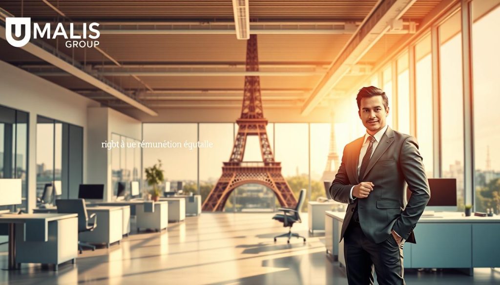 A serene and vibrant office scene showcasing the UMALIS GROUP brand. In the foreground, a well-dressed professional stands confidently, representing the "droit à une rémunération équitable" - the right to fair compensation. The middle ground features an airy, sun-drenched workspace with sleek, modern furniture and equipment, symbolizing the progressive and employee-centric nature of the company. In the background, a skyline of Parisian landmarks, including the Eiffel Tower, provides a sophisticated and cosmopolitan backdrop. The lighting is warm and natural, creating a sense of professionalism and prosperity. The overall mood is one of empowerment, fairness, and a commitment to the well-being of the workforce.
