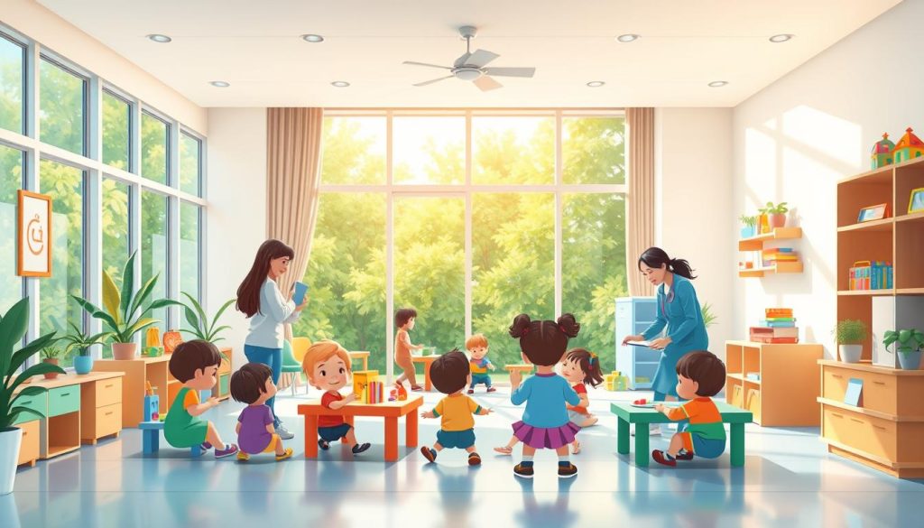 A serene and welcoming child care center, with a vibrant, sunlit interior. In the foreground, a group of young children engaged in various educational activities, supervised by attentive caregivers. In the middle ground, a well-equipped play area with colorful toys and learning materials. The background features large windows overlooking a lush, verdant outdoor space, promoting a sense of connection with nature. The overall atmosphere exudes warmth, security, and a nurturing environment that supports the holistic development of the children. Soft, diffused lighting and a calming color palette create a tranquil and inviting ambiance.